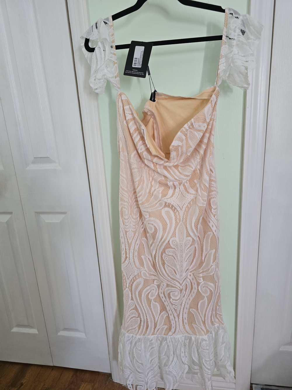 PrettyLittleThing Peach Lace Cowl Neck Slip Dress with White Trim